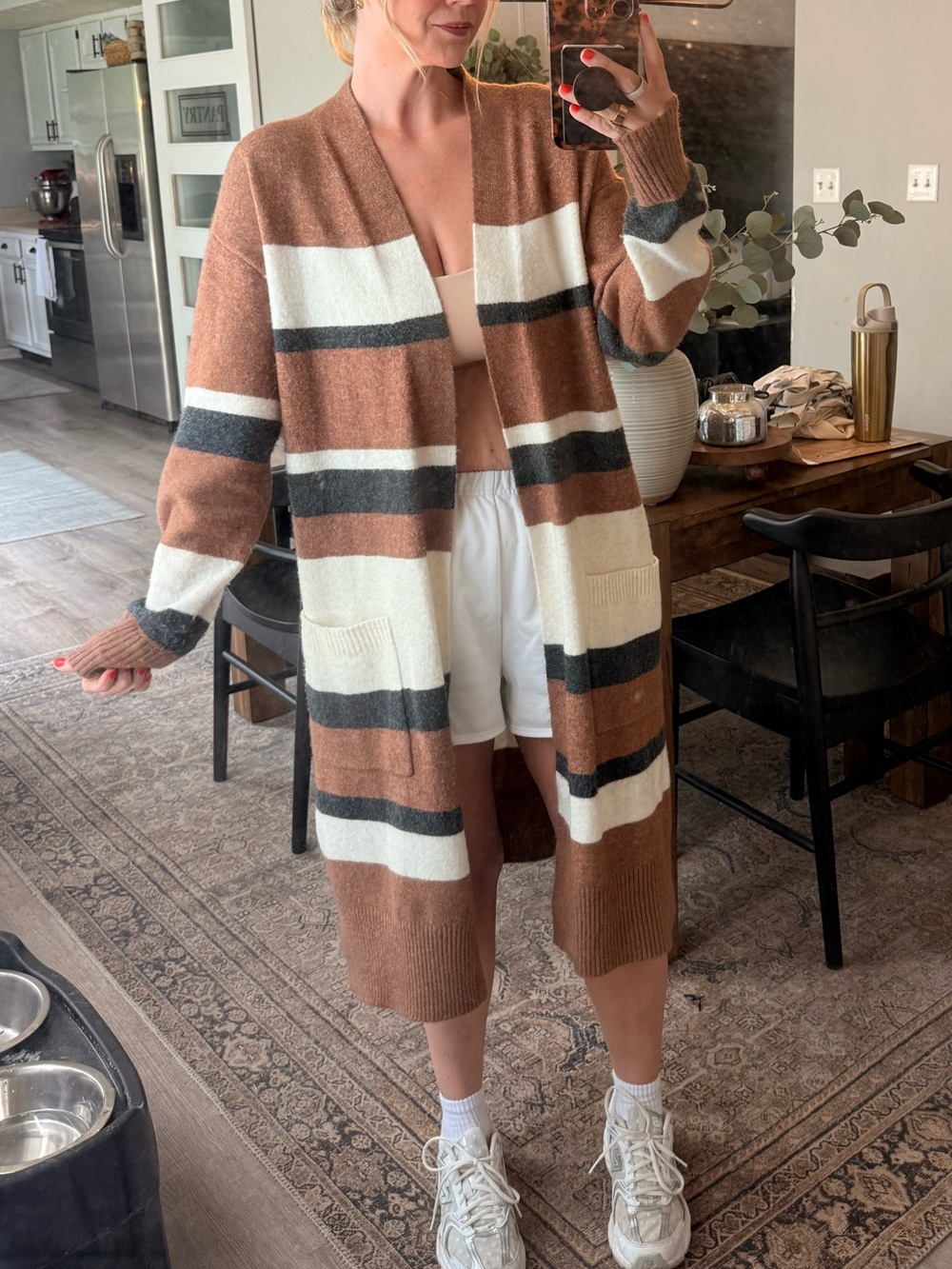 LOFT Striped Open-Front Long Cardigan - Brown, White, Charcoal